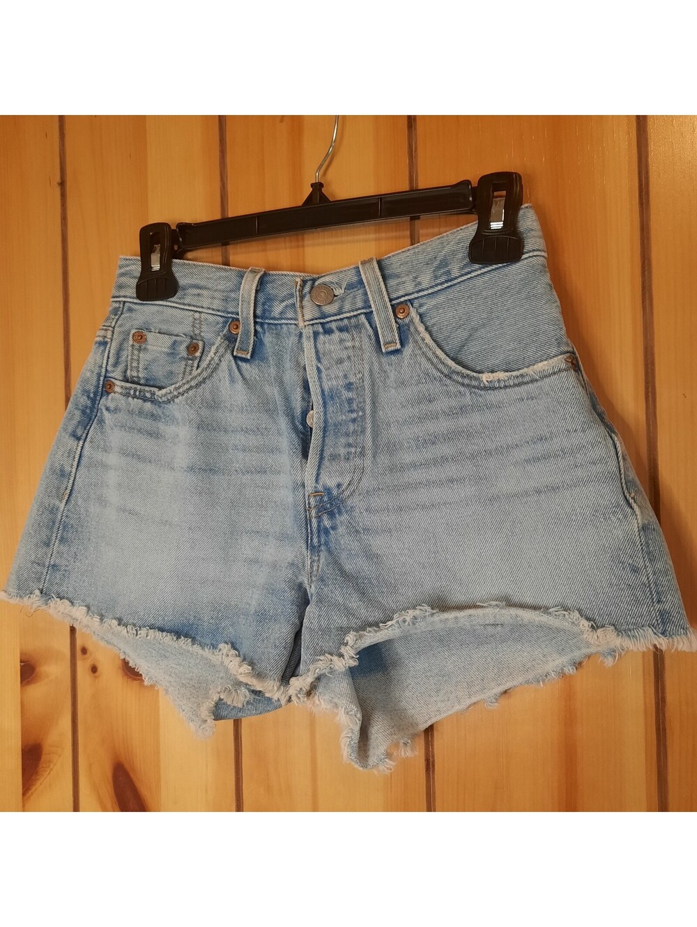 Levis 501 Shorts Womens 25 Blue Denim Cut Off Logo Cotton Frayed Hem Mid Rise